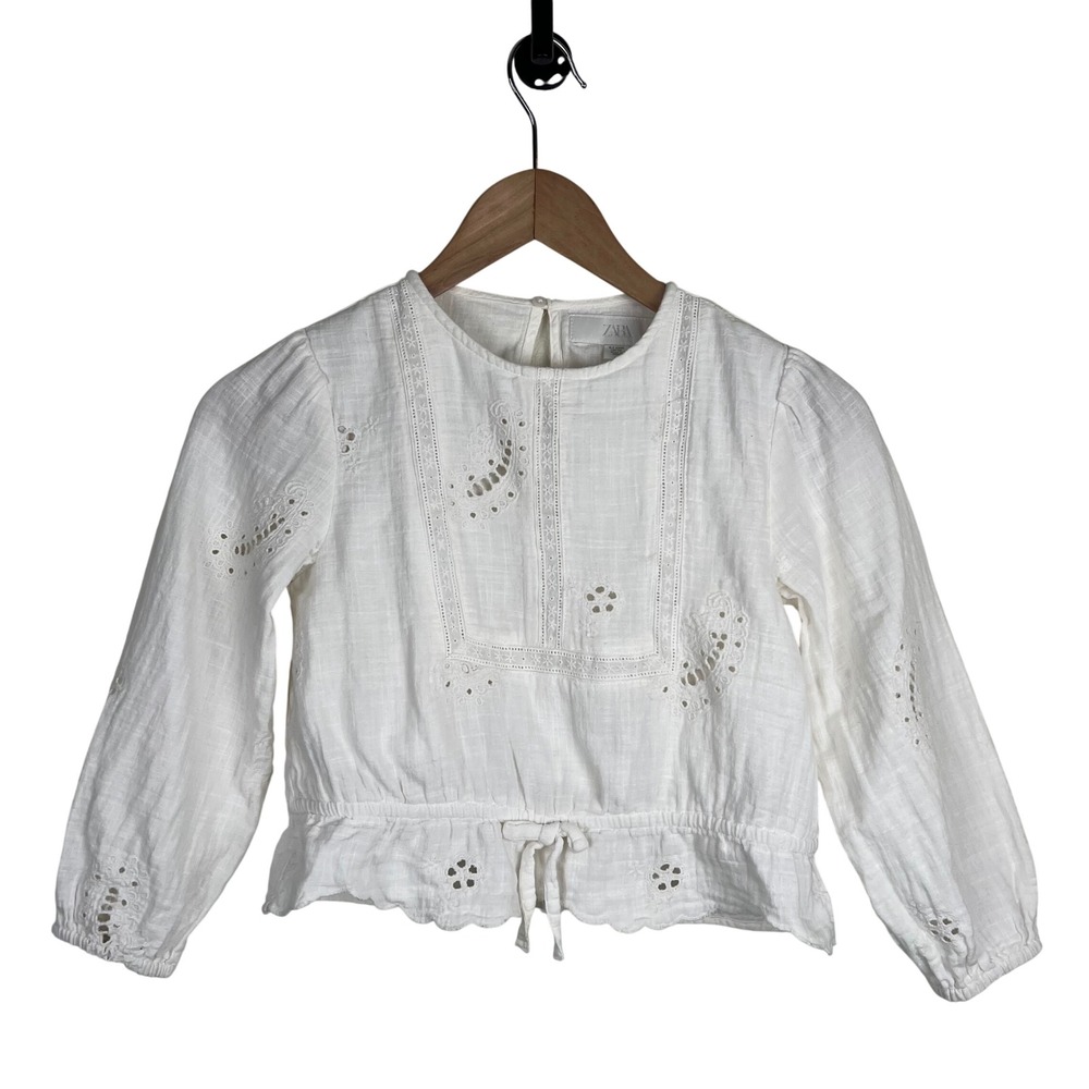 Zara‎ Girls White Cotton Eyelet Blouse Long Sleeve Peplum Top Size 6-7 122cm